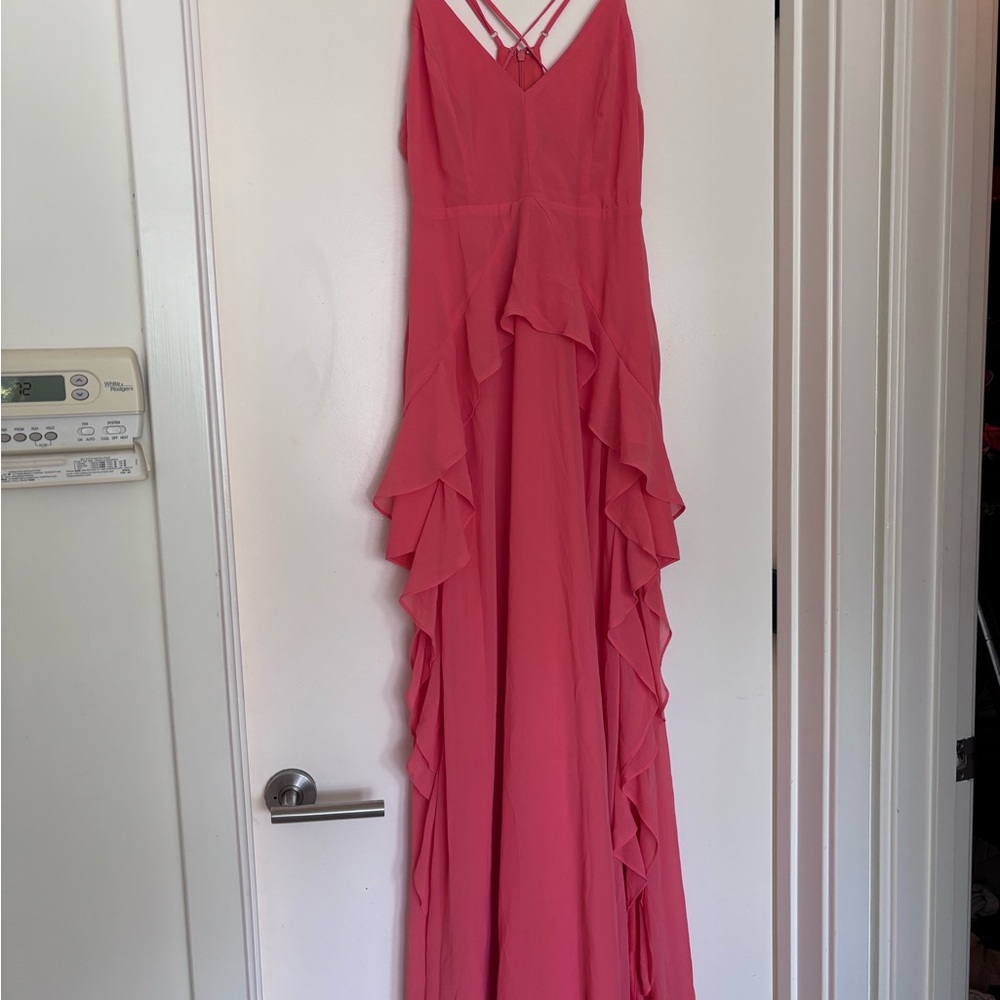 Lulu's Coral Pink Ruffle V-Neck Maxi Dress